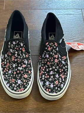 Vans Black Slip-On Sneakers with Pink & Lavender Floral Print